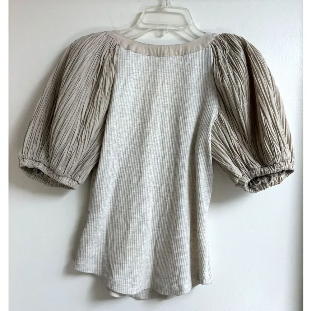 Ulla Johnson Marika Pleated Puff Sleeve Ribbed Henley Blouse Top Cobblestone S